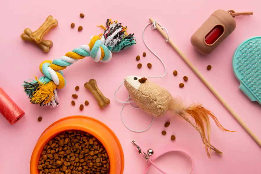 L'équipement indispensable pour bien préparer l'adoption d'un animal : gamelles, jouets, croquette, harnais, longe, etc.